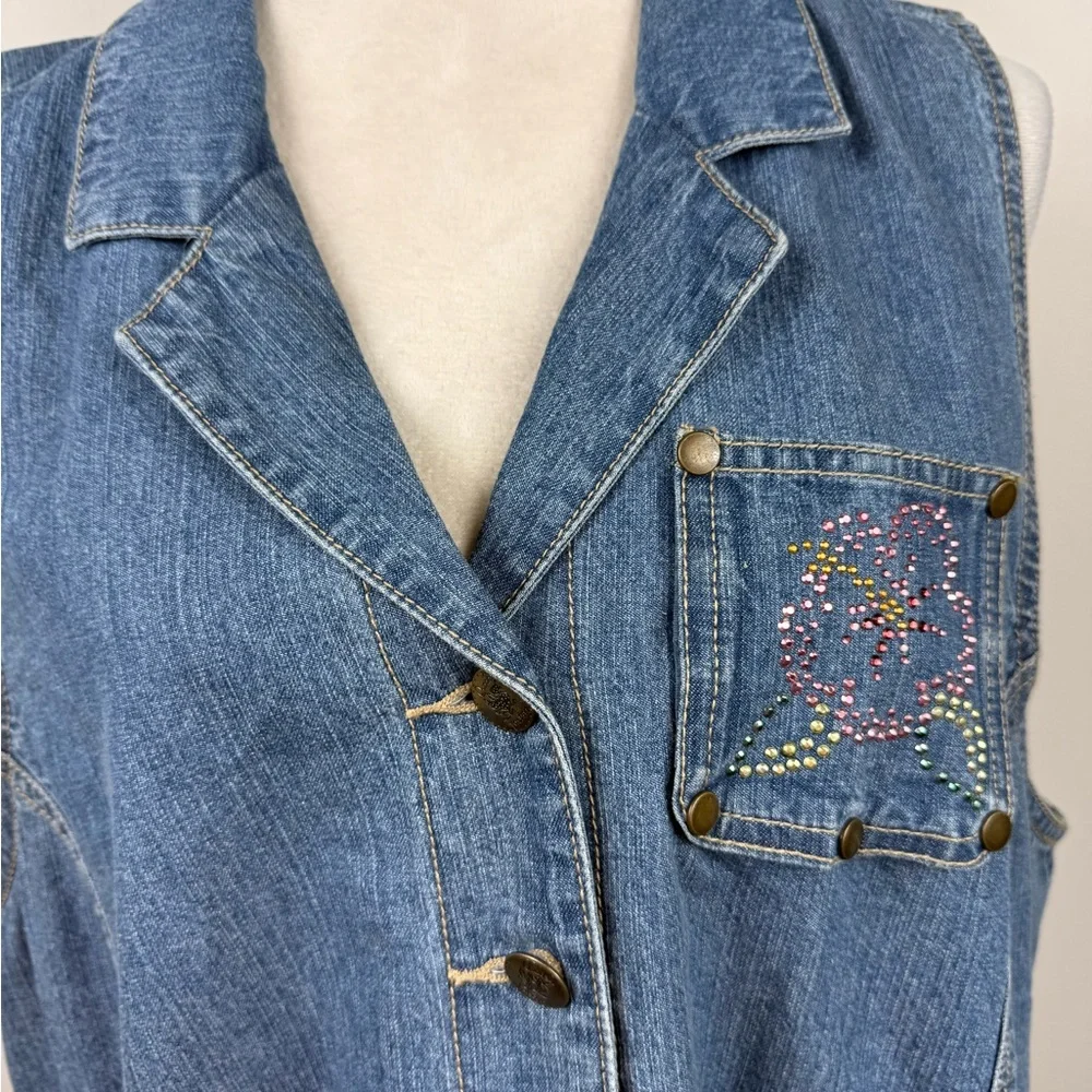 Quacker Factory Denim Dress with multi colored gem flower Size large - Picture 8 of 10